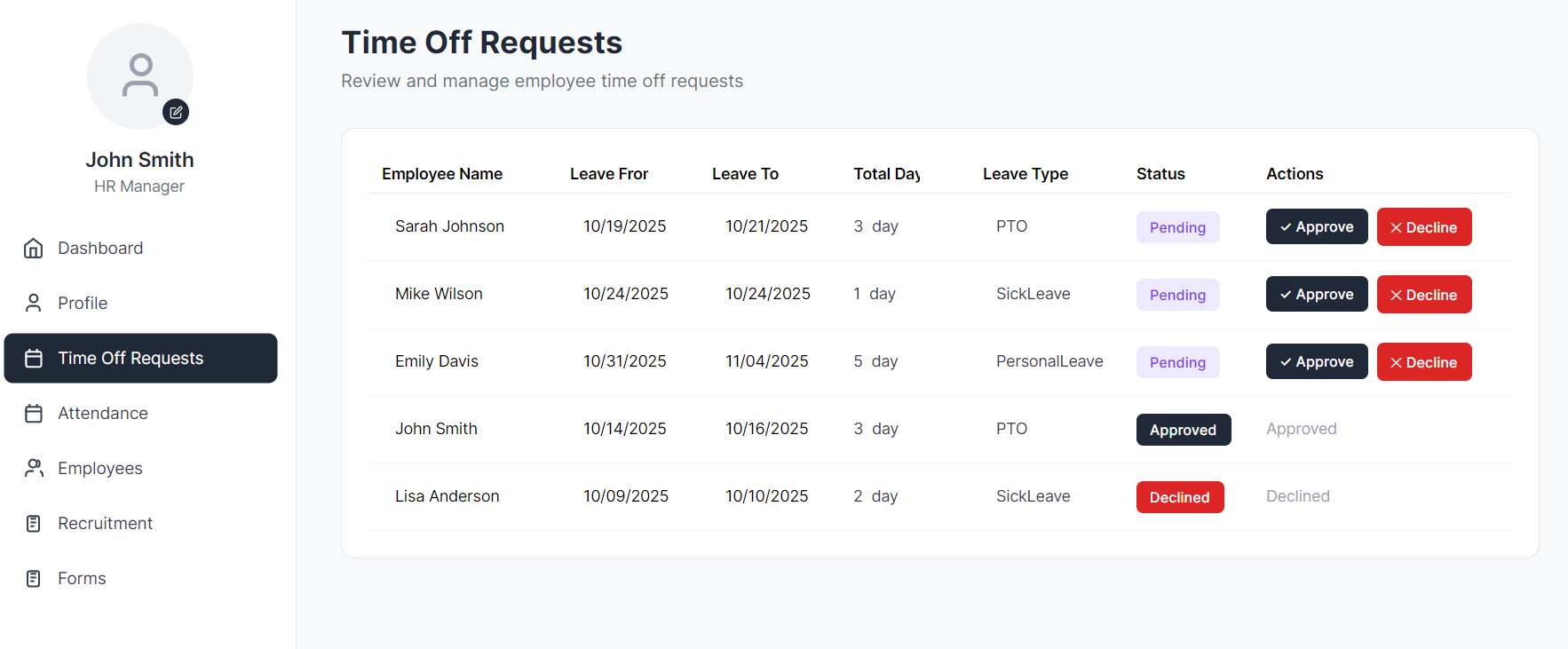 HRIS App Time Off Request Screen